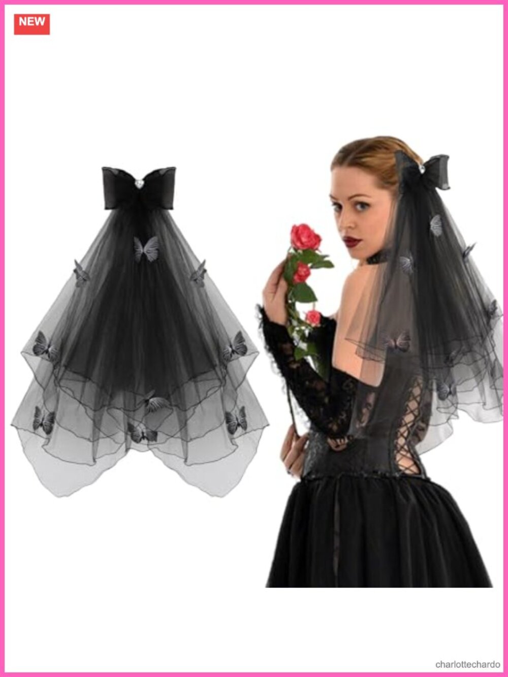 Black Gothic Bridal Veil with Butterfly Bow Rhinestone Costume Accessory